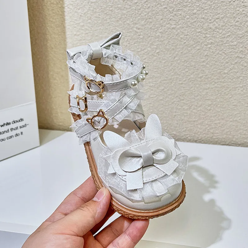 Girls Lolita Leather Shoes Spring Pearl Lace Children Soft Soled Single Shoes Kids Bowknot Princess Chaussure Enfant Fille
