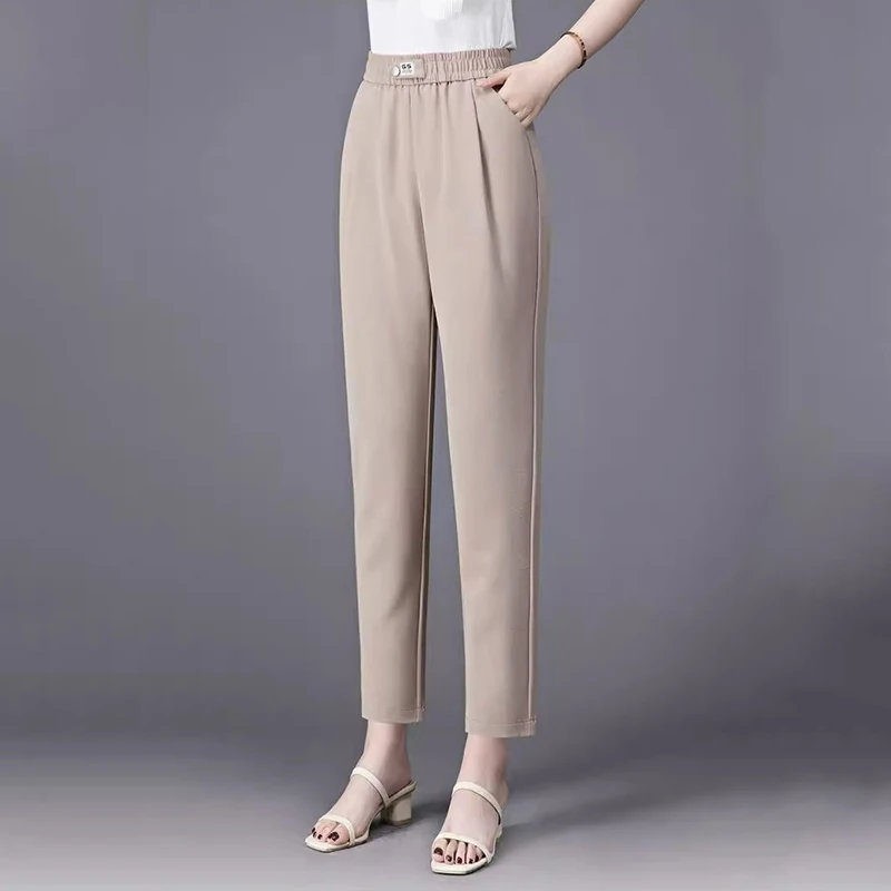 Summer Thin Ice Silk Cropped Casual Harlan Pants Women Solid Elastic Waisted Pockets Fashion Versatile Loose Straight Trousers