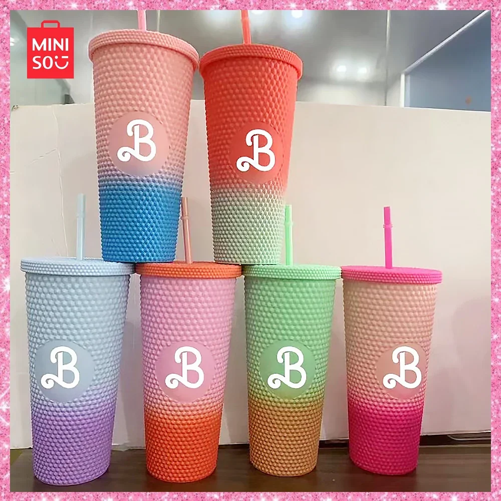 

2024 Miniso New Barbie Head with Straw Portable Durian Cup Plastic Large Capacity Water Cup Girls Birthday Gift