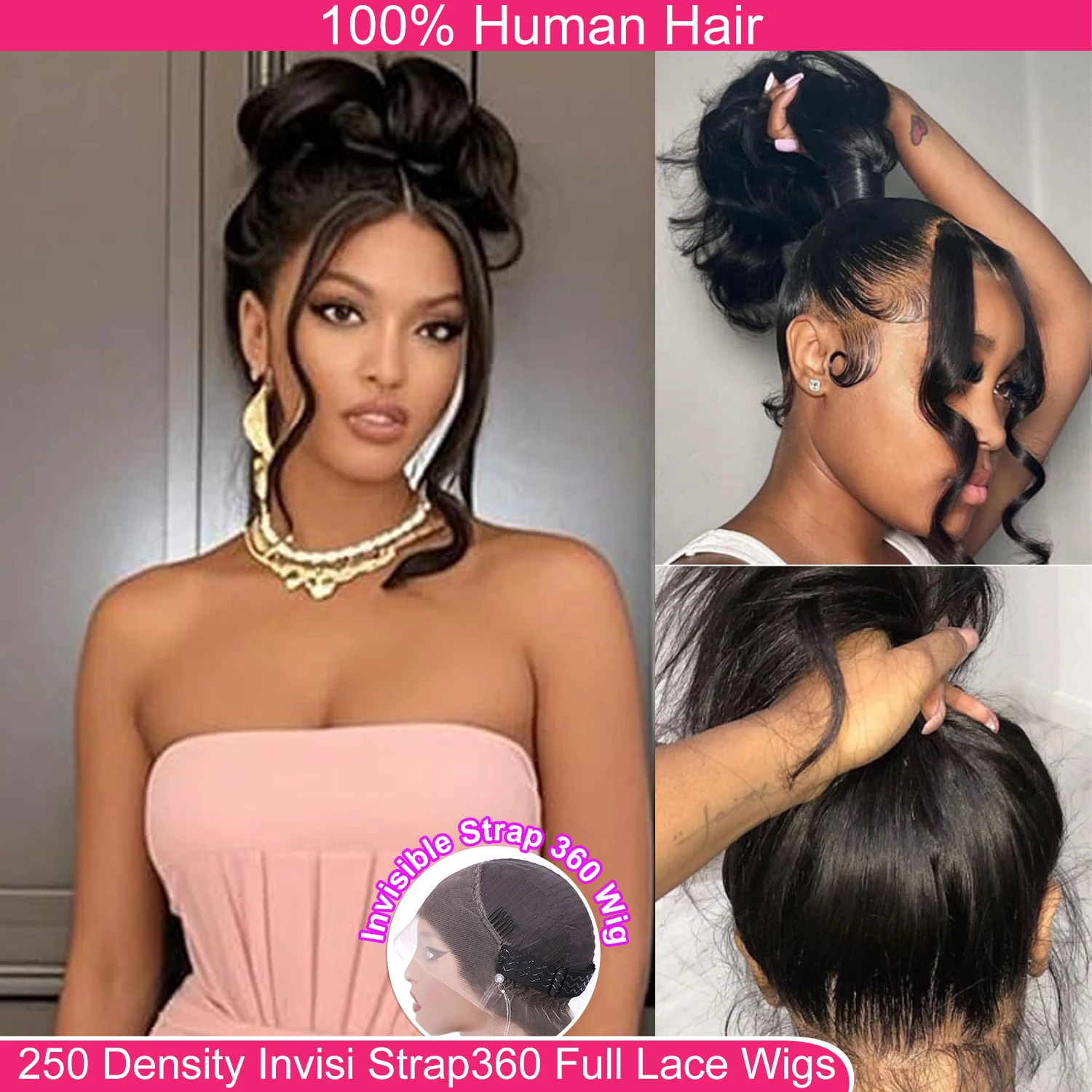 Invisi Strap HD 360 Lace Front Wig Human Hair Wigs 250 Density Wig Drawstring Body Wave 360 Full Lace Human Hair Pre Plucked