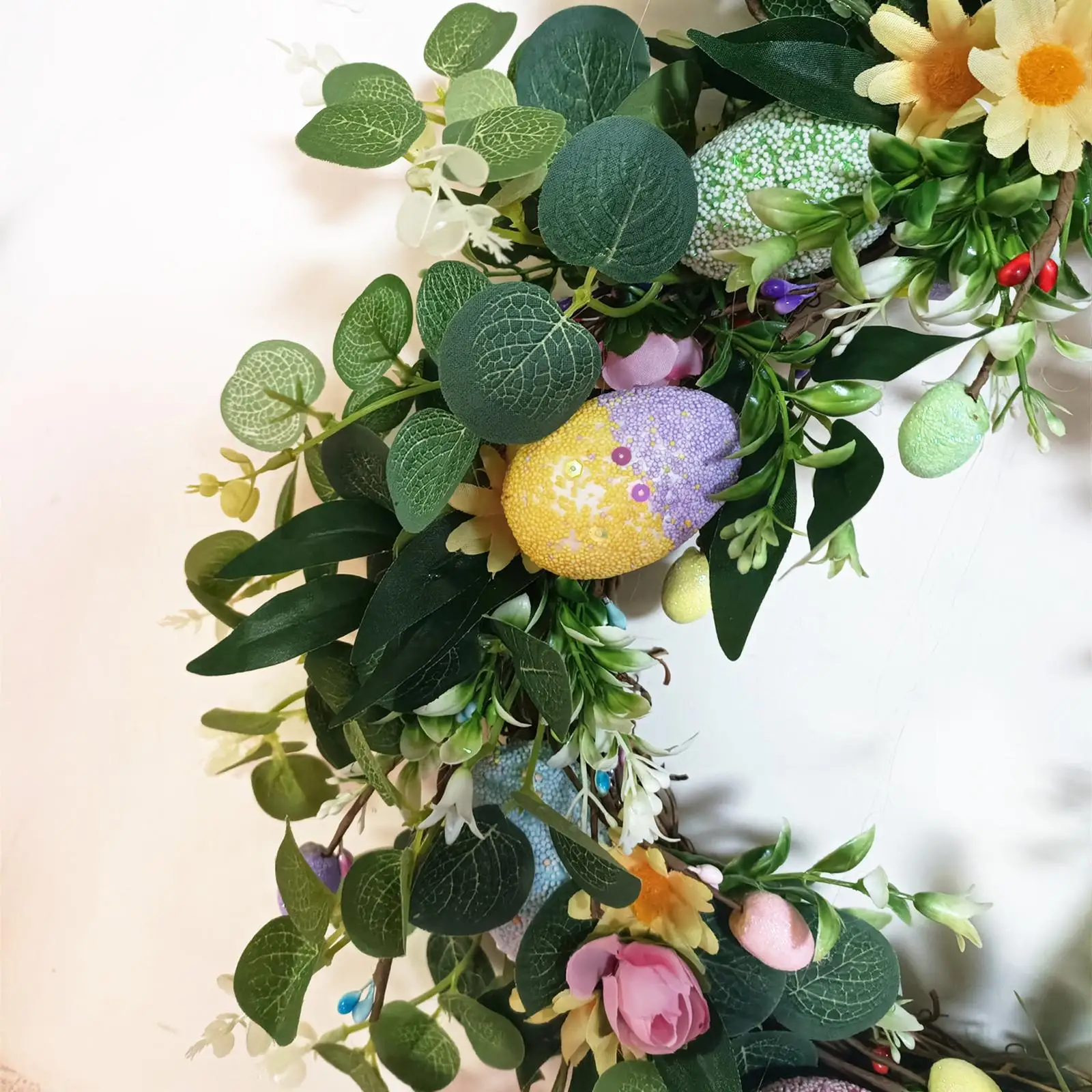 Easter Egg Wreath Artificial Flower Wreath Greenery Leaves Spring Summer Wreath for Holiday Celebration Farmhouse Porch Decor