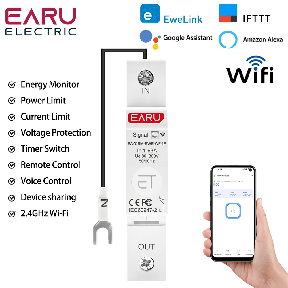 1P eWeLink WIFI Smart Energy Meter Power Consumption kWh Meter Circuit Breaker T