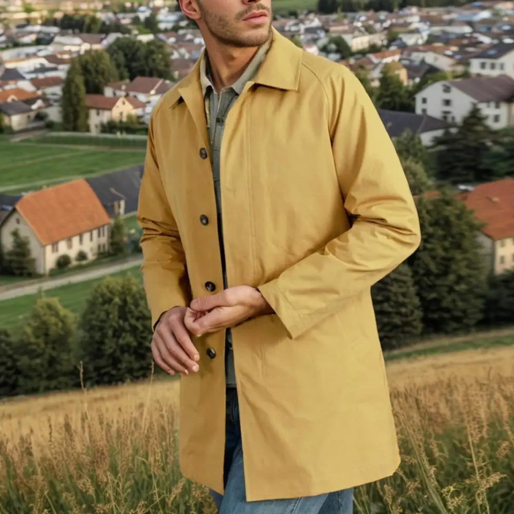 Lapel Windbreaker Stylish Men's Windbreaker Trench Coat with Lapel Collar Pockets Long Sleeve Single Breasted for Windproof