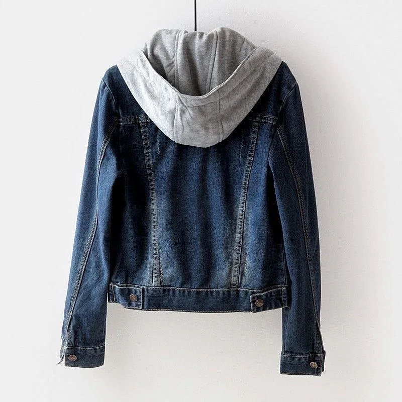 Denim Coat Women Hooded Full Sleeve Regular Splice Short Coats