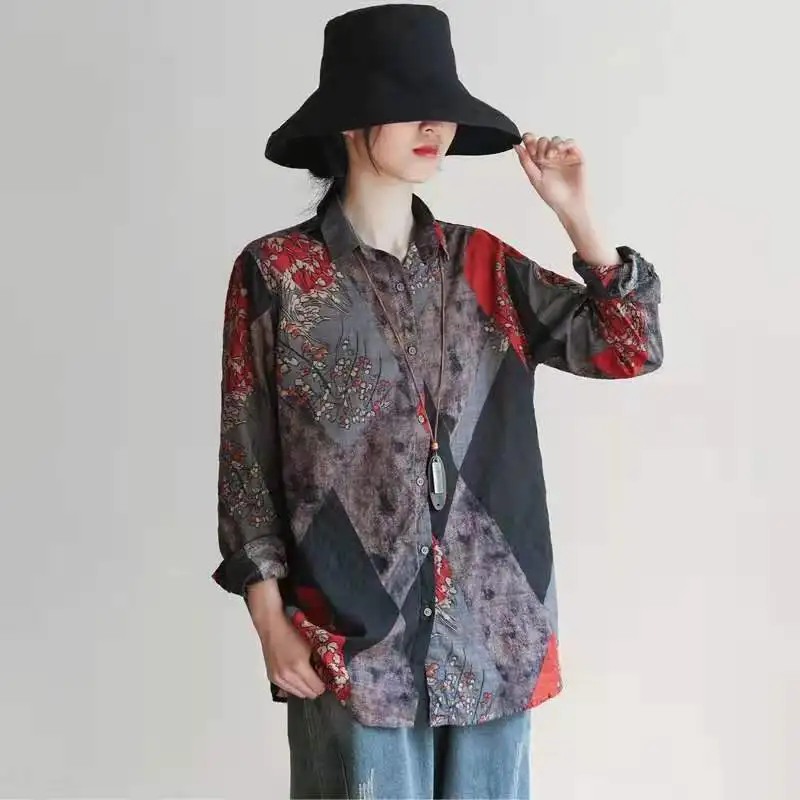 Vintage Printed Lapel Button Loose Folds Shirt Women Clothing 2022 Autumn New Oversized Casual Tops All-match Korean Blouse