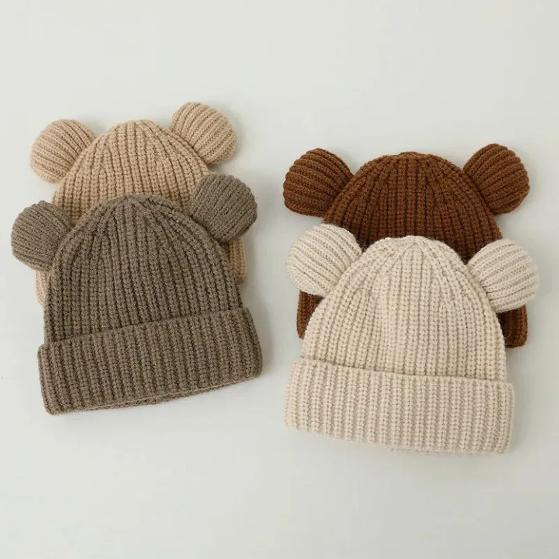 Winter Caps Knitted Warm Newborn Baby Bear Ear Beanie Hats for Boys Girls Cute Thermal Toddler Crochet Bonnet Kids Black Caps