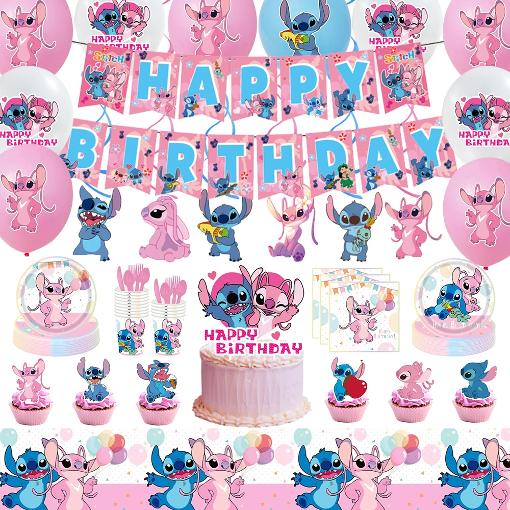 

Pink Lilo Stitch Birthday Party Decorations Include Paper Cup Plate Napkin Tablecloth Banner for Kid Girl Baby Shower Supplies