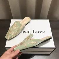 Women's Mules Slippers Summer Footwear Flats Retro Chinese Style Flowers Elegant Dress Low Heel Sandals Designer Slides on sales - Image 5