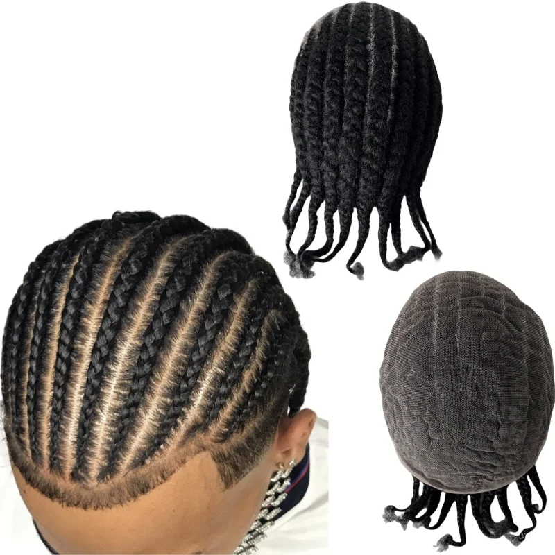 

Indian Virgin Human Hair Replacement #1 Jet Black Afro Corn Braids 8x10 Full Lace Toupee for Black Men