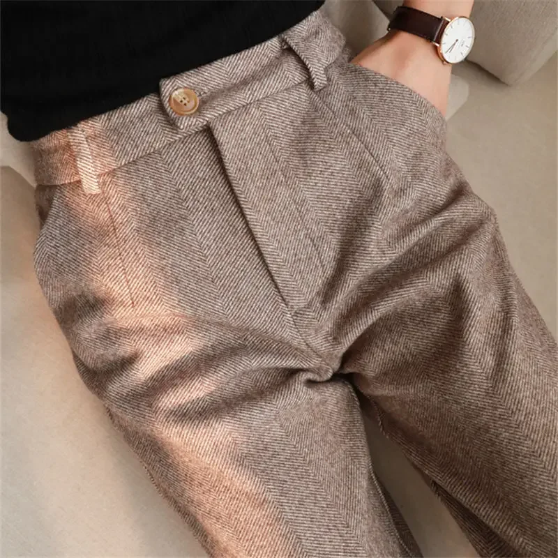2024 Autumn Winter Women's Harem Pencil Pants Woolen Pants  High Waisted Casual Loose Trouser Office Lady Elegant Women Trousers