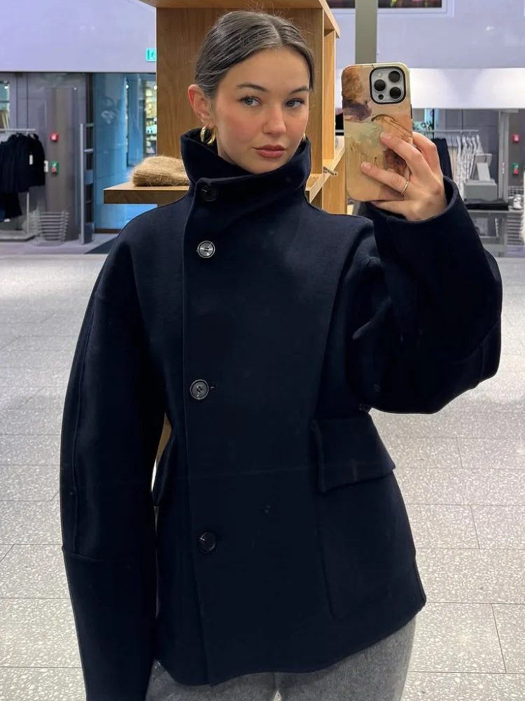 Elegant Stand Collar Woolen Jacket For Women Y2K Single Breasted