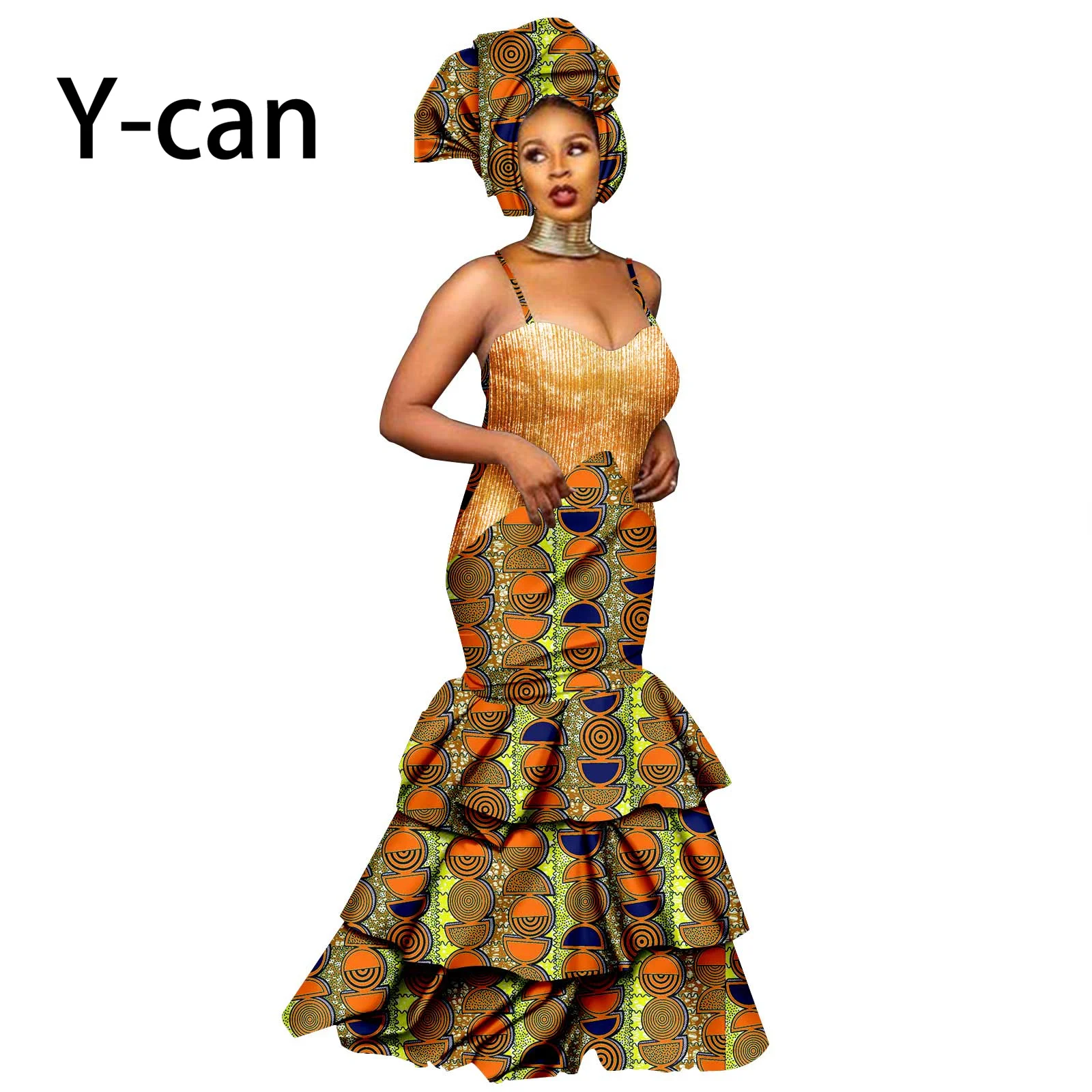 Dashiki African Women Sexy Dresses for Wedding Party Ankara Print Ruffles Floor-Length Slip Skirt with Turban Headwrap Y2225047 off white a line maternity robes for photography off shoulder ruffles pregnancy pajamas sexy floor length babyshower gowns