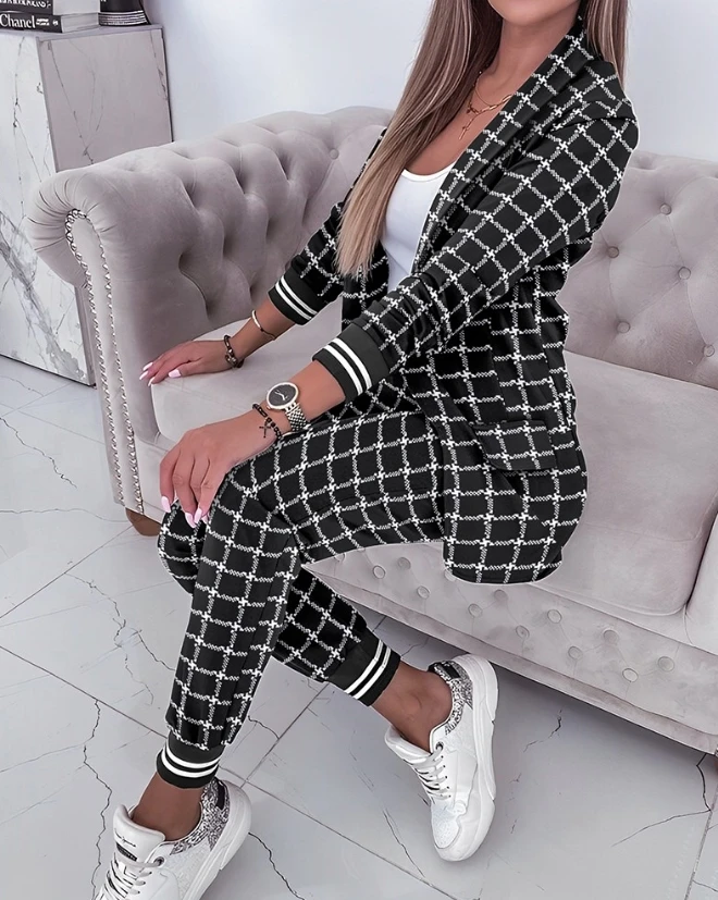 Temperament Long Sleeve Two Piece Set 2023 New Hot Selling Women's Checker Print Shawl Collar Coat and Flipped Pants Set