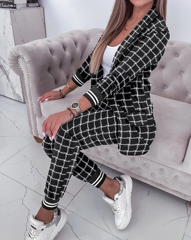 

Temperament Long Sleeve Two Piece Set 2023 New Hot Selling Women's Checker Print Shawl Collar Coat and Flipped Pants Set