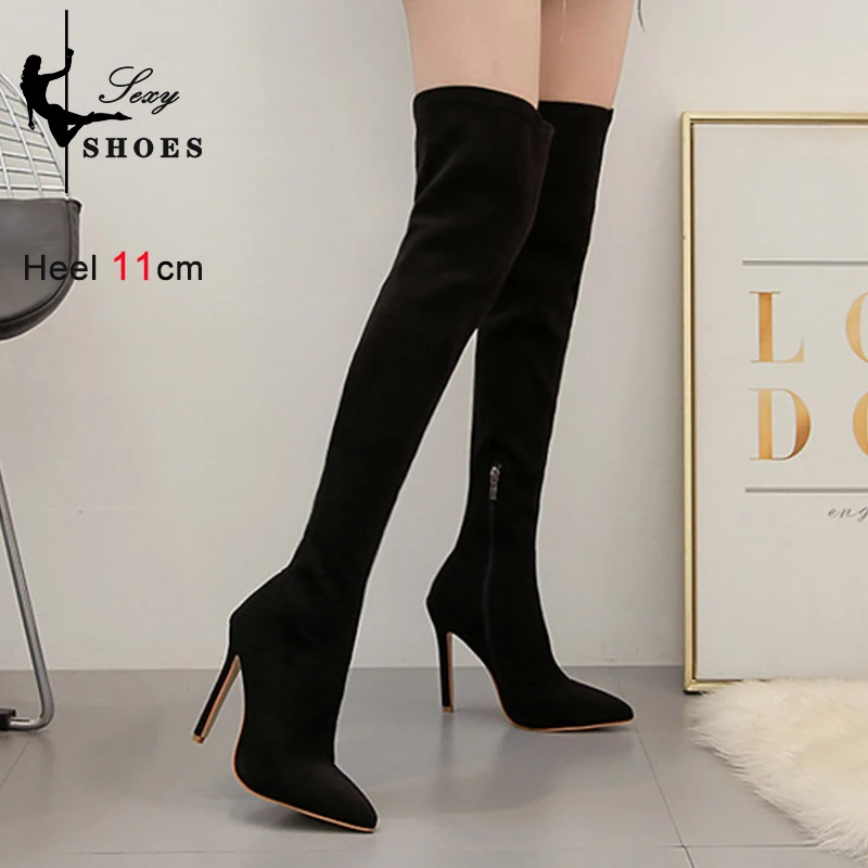 2023 Women's over-the-knee Boots Fashion Pointed Toe Autumn Winter Flock Thigh High Stretch Long Booties Wine Red Stiletto Heels