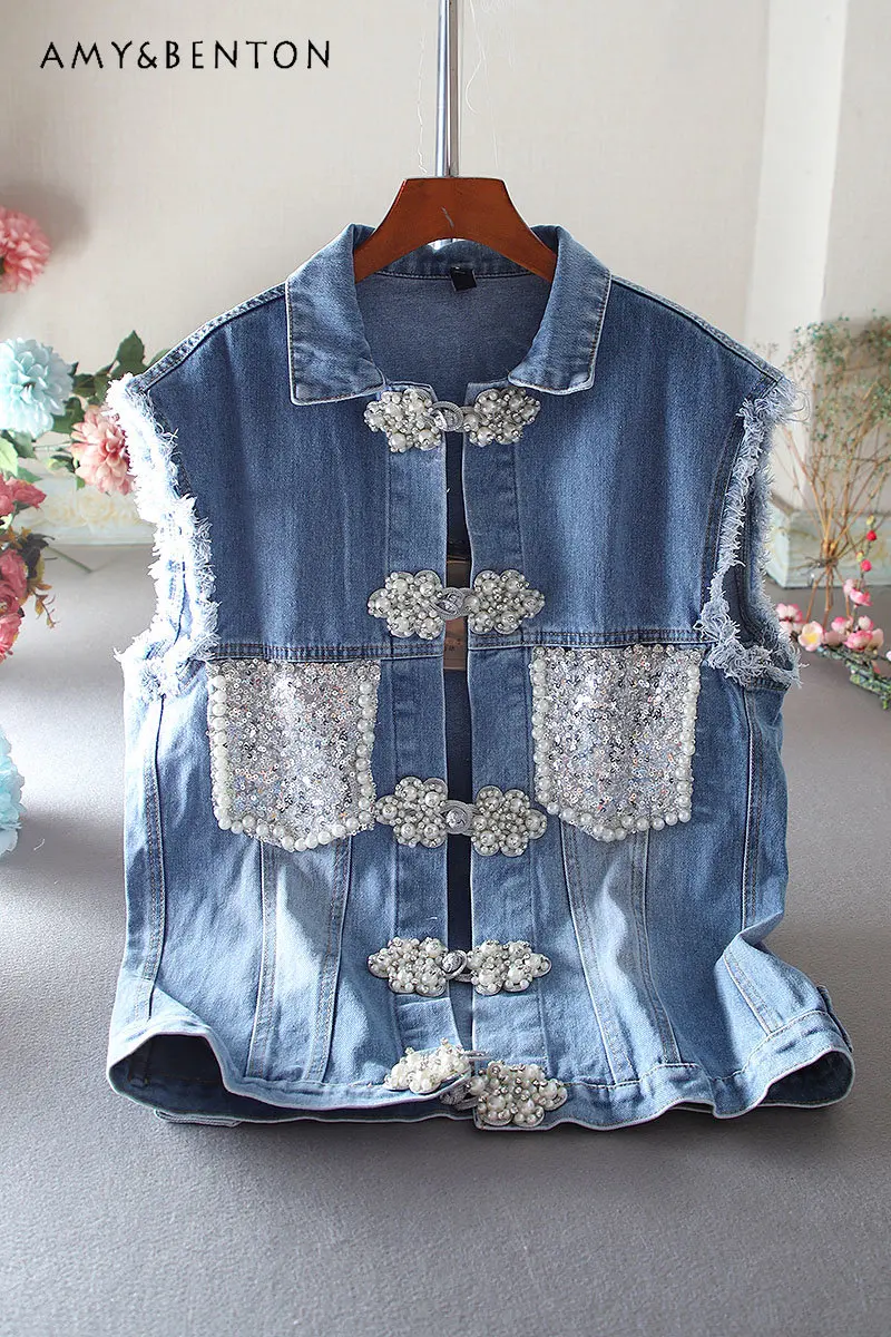 

European Station Mid-Length Autumn New Polo Collar Straight Washed Denim Casual Loose Denim Vest Women's Sleeveless Top