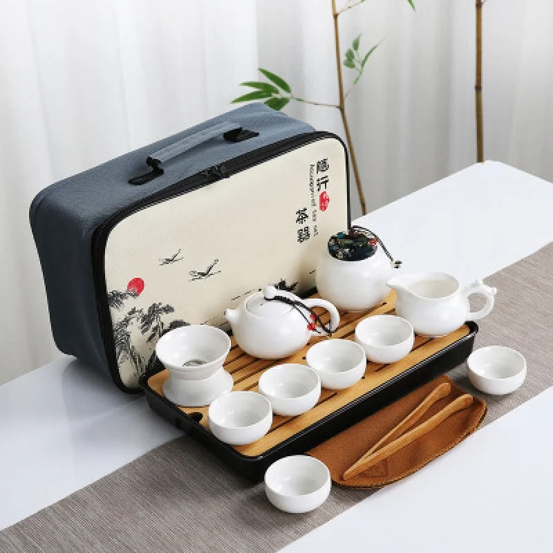 Ding ware travel tea set suit car portable ceramic complete set kung fu tea one pot four cups customizable