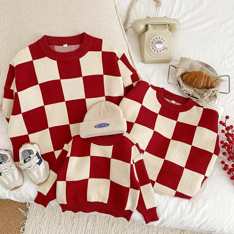 Baby Boy Girl Knit Checkerboard Plaid Sweater Romper Pullover Soft