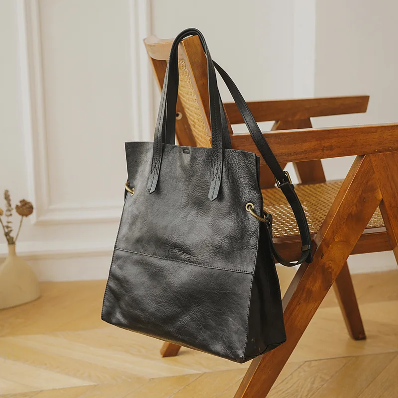 

Genuine Leather Bag New Women's Vertical Handbag Top Layer Cowhide Large Capacity Shoulder Bag Retro Simple Tote Bag