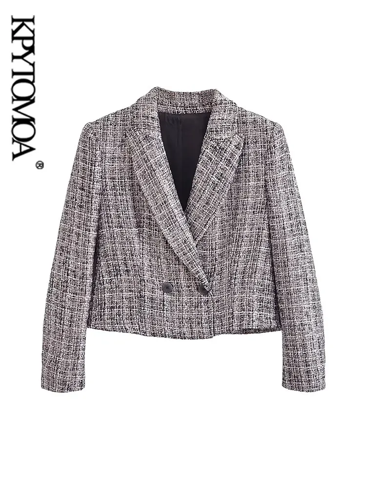 

KPYTOMOA-Women's Cropped Check Blazer Coat, Long Sleeve, Front Buttons, Female Outerwear, Chic Tops, Fashion