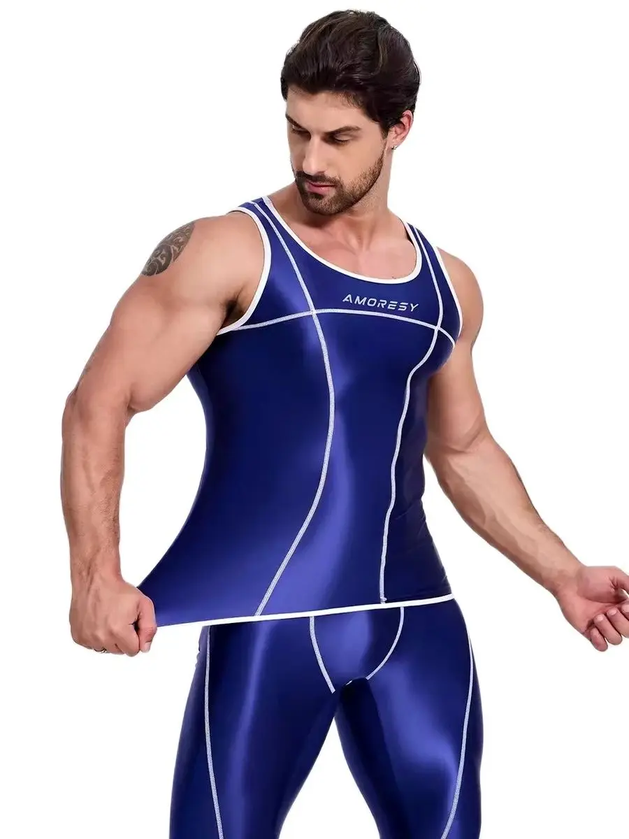 

knowdream Men's sportswear set nylon tight hurdling vest high elastic running trousers tights men