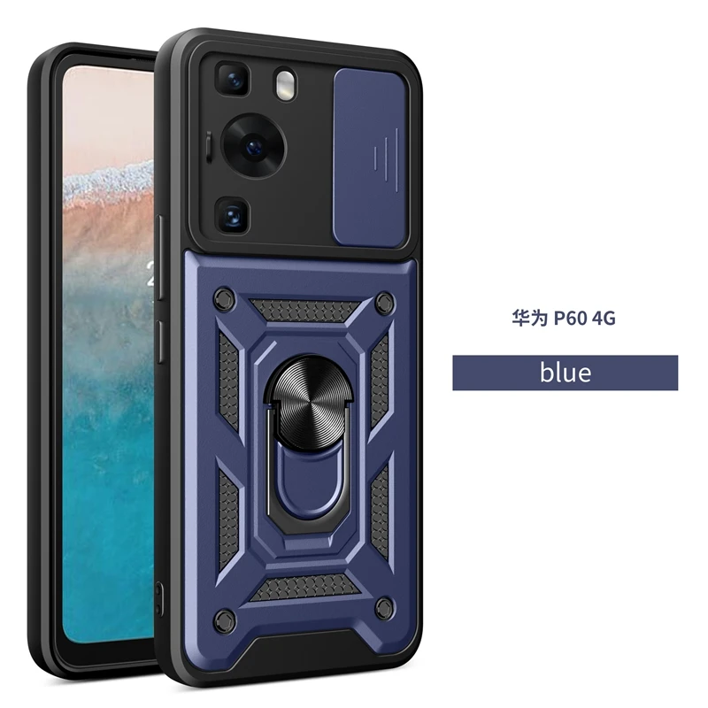 Armor Shockproof Magnetic Ring Stand Holder Case with Slide Camera Lens Cover
