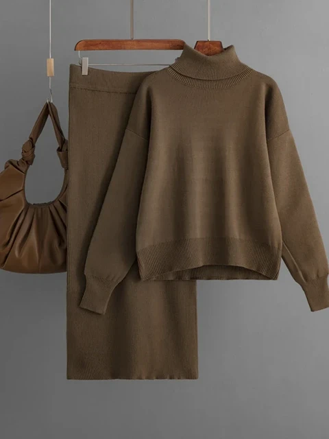 女性用タートルネックセーターとスカートセット,ニットスーツ,単色  
