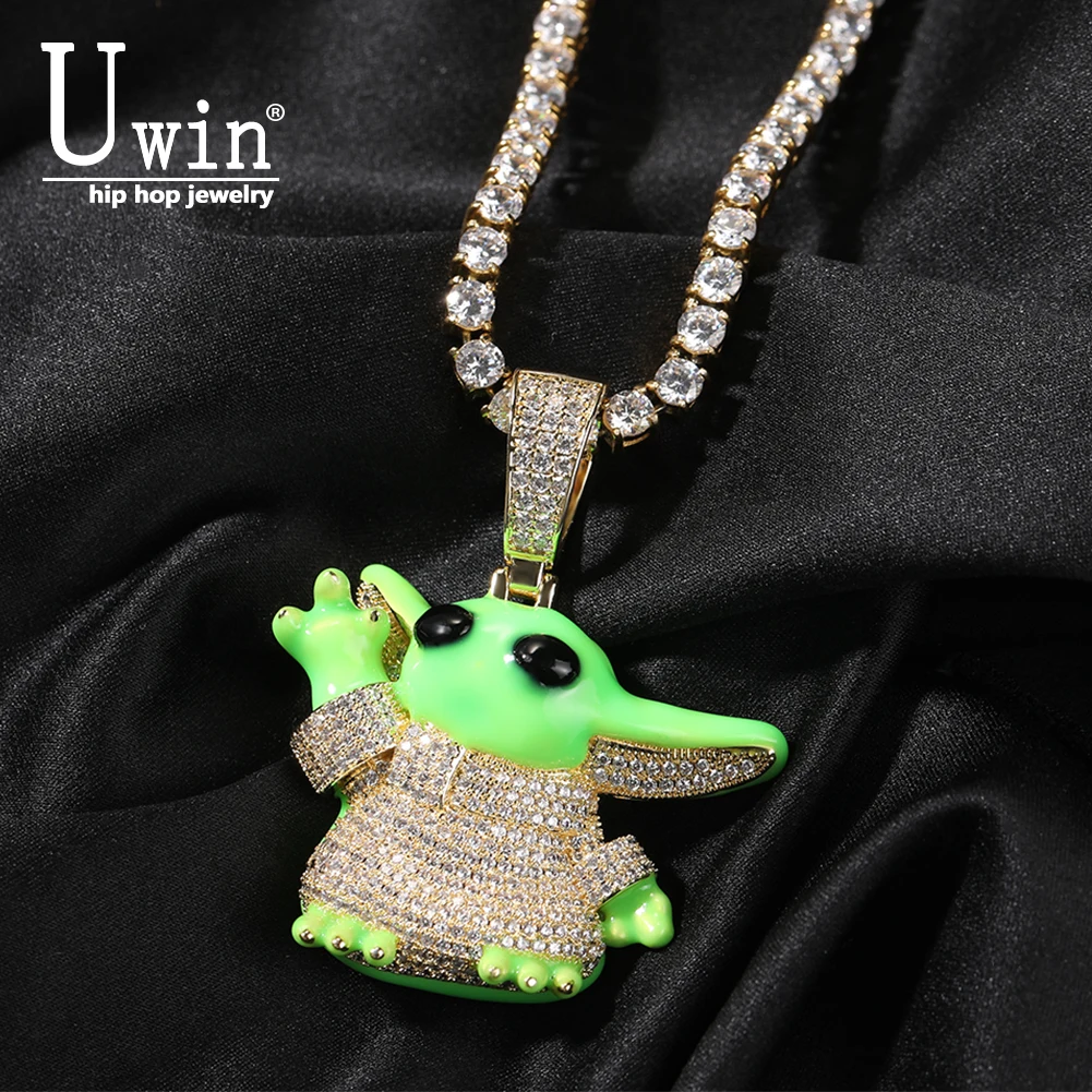 Uwin Cute Big Ear Alien Charms Iced Out Green Luminous CZ Necklaces For Women Man Hip Hop Jewelry