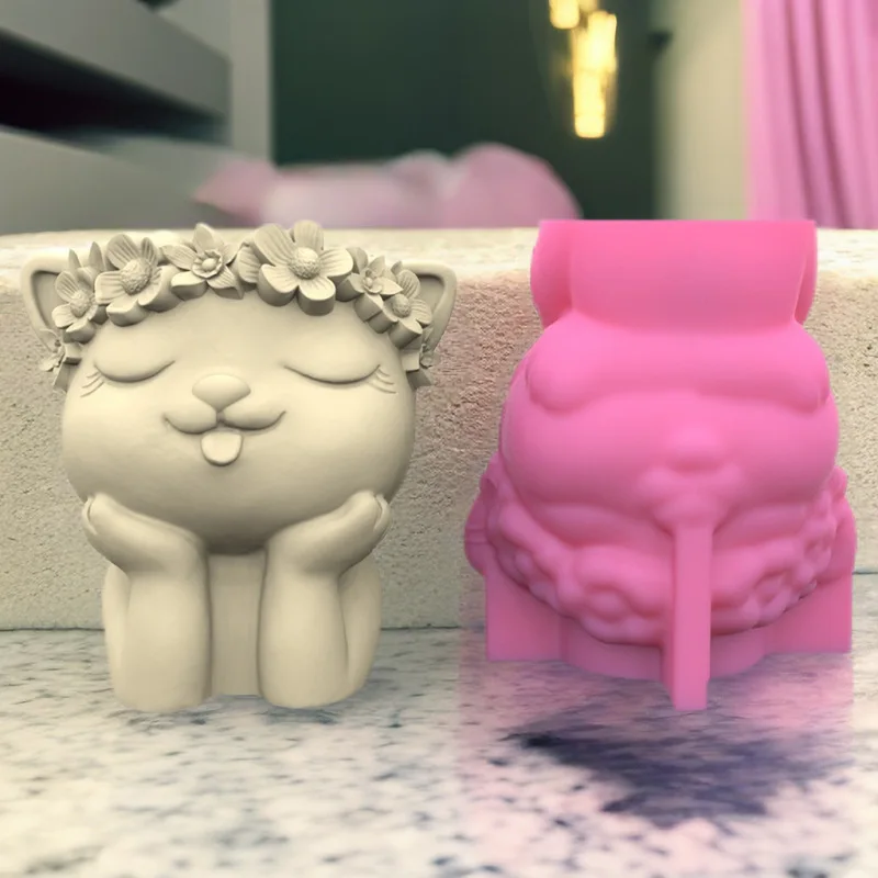

C282 Cartoon Wreath Cat Flower Pot Pen Holder Silicone Mold Gypsum form Scented Stone Ornaments Homemade Handicraft