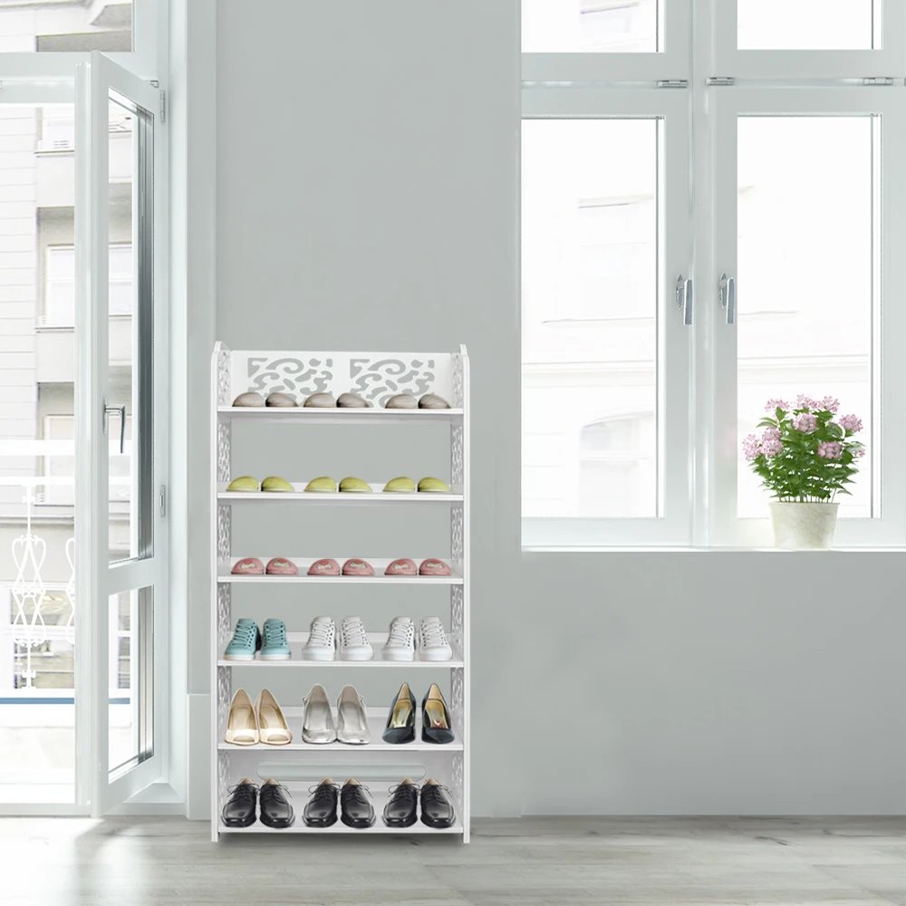 Wood-plastic Board Six Tiers Carved Shoe Rack White A Living Room Furniture 4