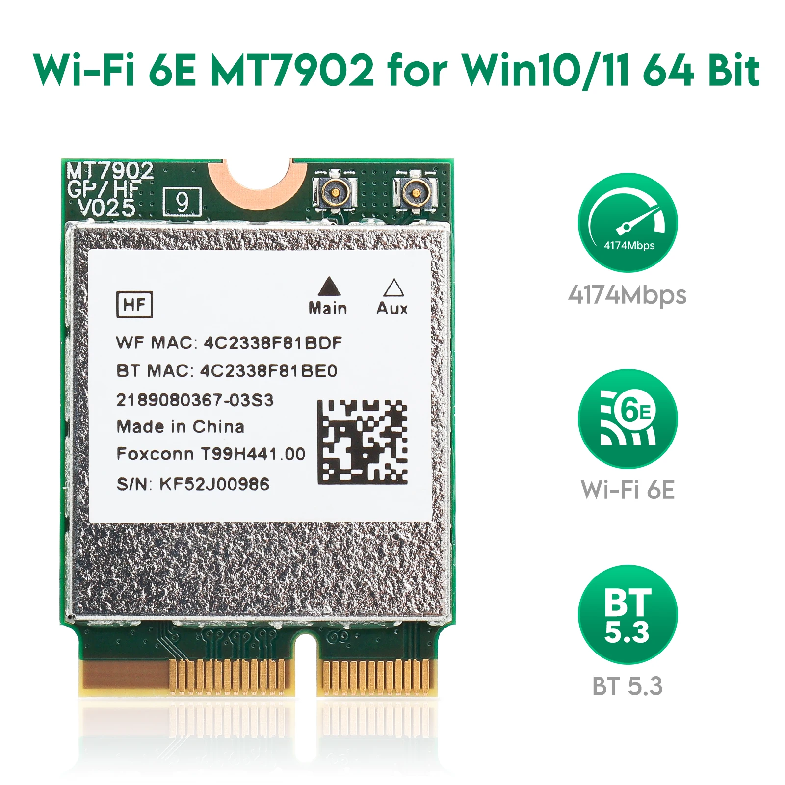 EDUP MT7902 Wi-Fi 6E 블루투스 5.3 무선 네트워크 카드 M.2 2230 E 키 트라이밴드 2.4G/5G/6GHz PCIe 와이파이 어댑터 (윈도우 10/11용)