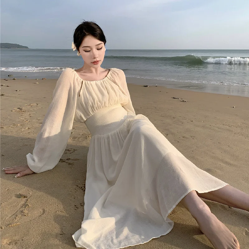 

Spring Summer Women Long Dress Sweet Girl High Quality Slim Long Sleeved Waist Down Floor Sweeping Super Fairy Gauze Dresses