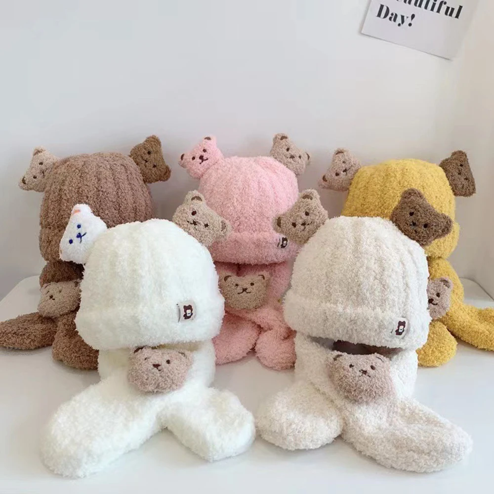 Hot Children Cartoon Bear Hat Scarf Set Autumn Winter Warm Infant Beanies For Boy Girls Soft Comfortable Neck Warmer Plush Hats