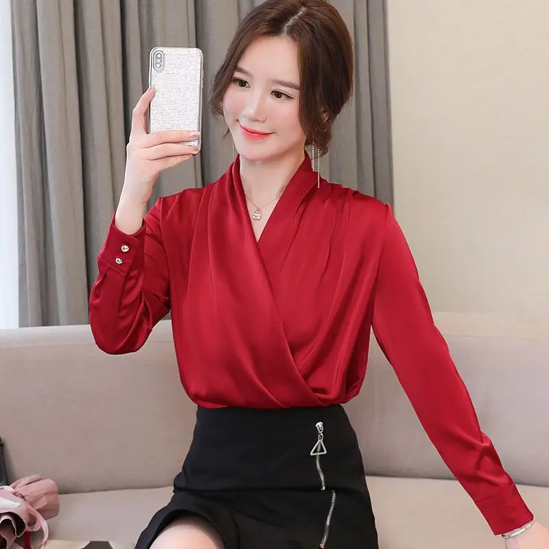 Elegant V-Neck Solid Color Button Folds Satin Blouse Women\'s Clothing 2023 Autumn New Casual Pullovers Office Lady Shirt