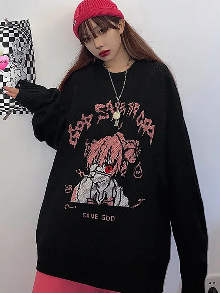 

Woherb Black Sweater Women Harajuku Cartoon Girl Print Knitted Pullover 2023 Y2k Fashion Pull Femme Punk Korean Ulzzang Jumper