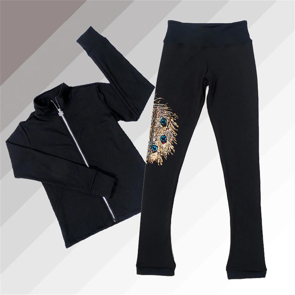 LIUHUO Ice Figure Skating Jacket Pants Women's Girl Trousers Top Peacock Rhinestone Teens Children Kids Dance