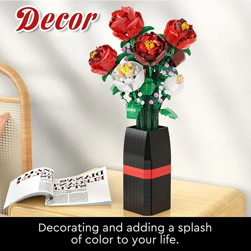 818PCS Flower Bouquet Building Block Red Rose White Rose Vase Bricks Toy Set Valentine's Day Christmas Gifts Creative Decoration 2