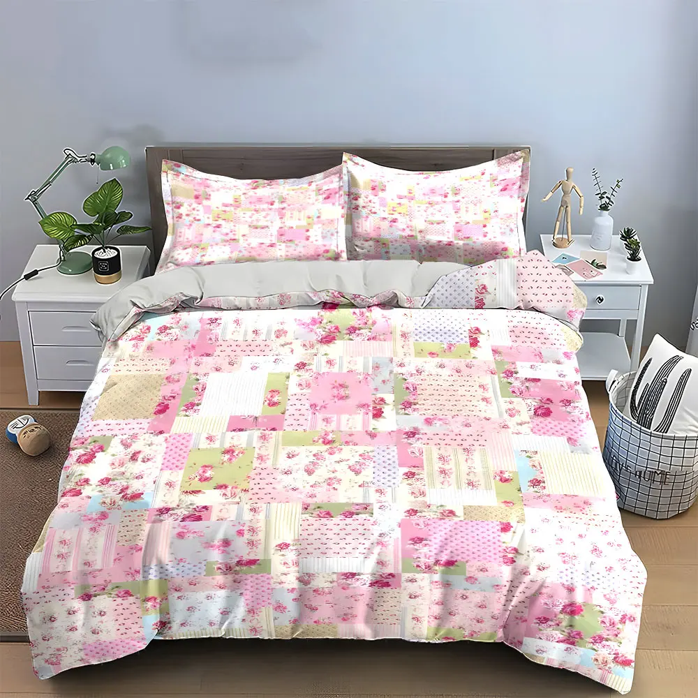 Chic Floral Patchwork Bedding Set 3PCS Vintage Pink Rose Print Duvet Cover with Pillowcases Cottage Style Bed Linen for Girls 3