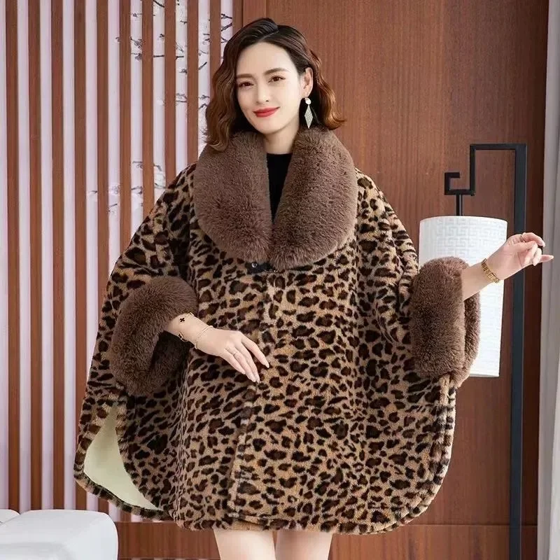 

2024 Autumn/Winter Plush and Thick Sleeved Fur Collar Cape Medium Length Shawl Leopard Print High-end Women Coat Retro Outerwear