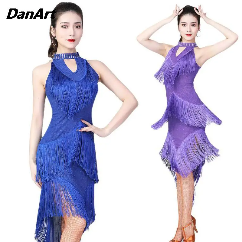 Latin Dance Competition Dress Sequins Irregular Tassel Dress Sexy Stage Performance Dress Dance Training Skirt Goddess Clothes