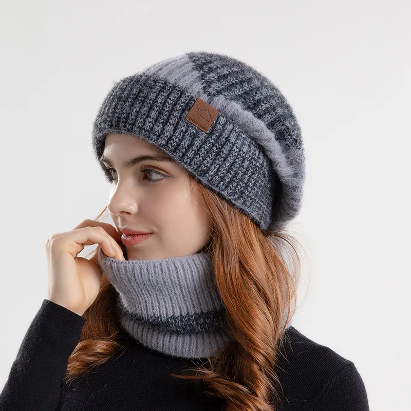 Winter Beanies Snood Sets Two Color Knitted Hat Female Casual Outdoor Balaclava Thicken Soft Warm Fur Scarf Cap Hats For_voghion.com