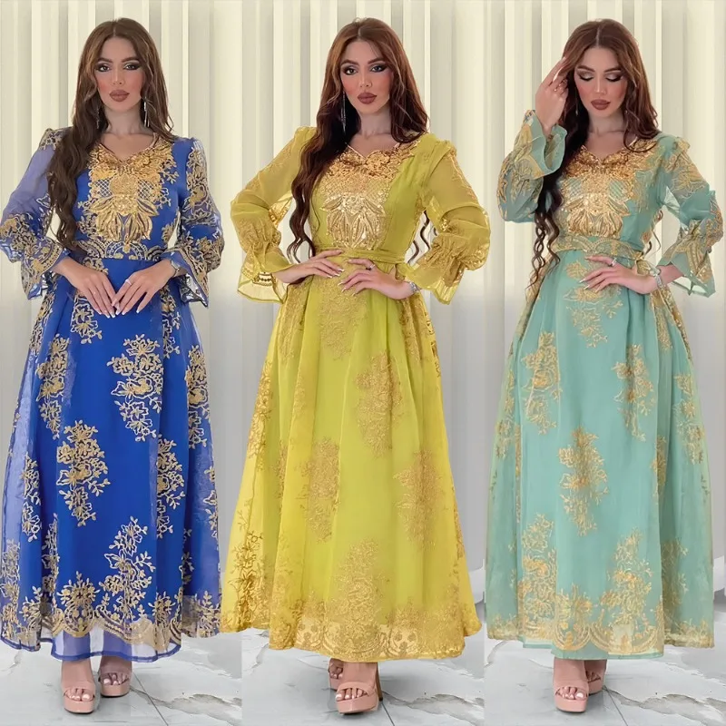 2023 Abaya Dress Summer Elegant Muslim Women Long Sleeve V-neck Polyester Sequined Green Yellow Blue Long Dress Muslim Abaya