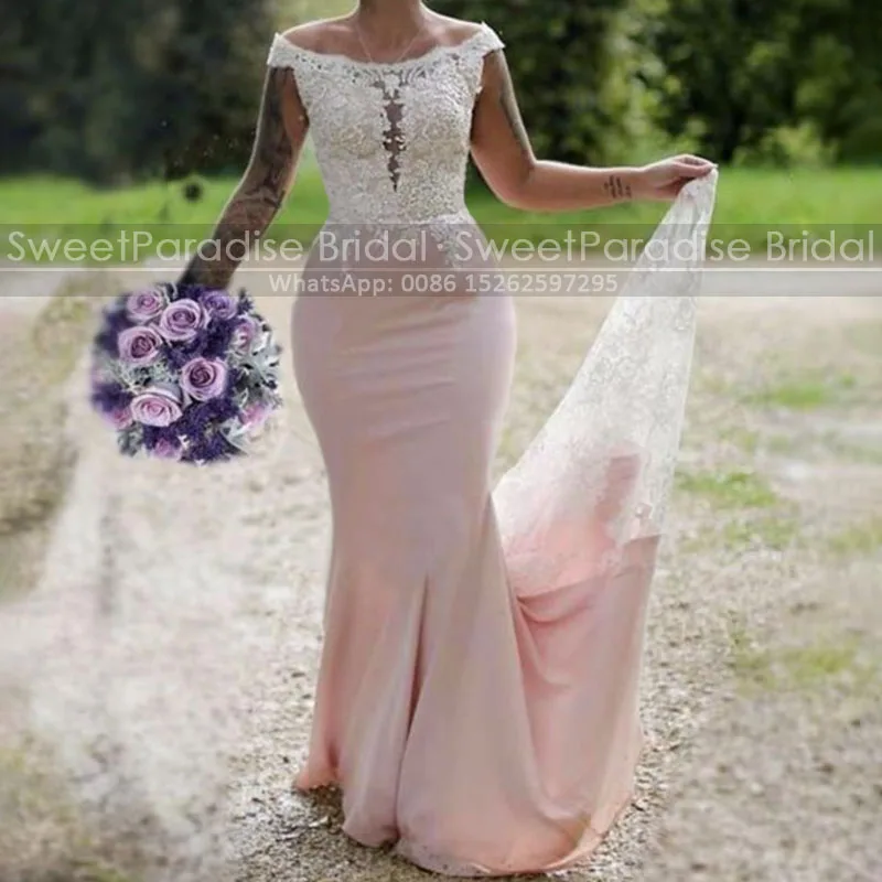 

Gorgeous Appliques Mermaid Bridesmaid Dresses Long Sheer Lace Off Shoulder Light Pink Trumpet Party Dress Maid Of Honor
