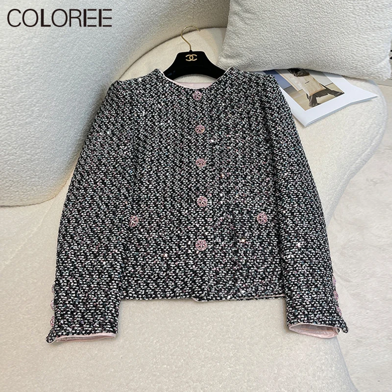

New Arrivals Autumn Winter Clothes 2023 Women Korean Fashion Elegant O-neck Short Tweed Jacket Black Wool & Blends Coats