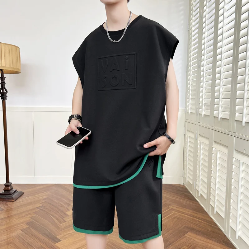 New Men's Summer Loose Sleeveless And Shorts Sets Youth Punk Tops Vest + Knee-Length Pants Two Piece Tracksuit Sports Tee&Jogger summer sleeveless knitted sweater shorts two piece set sports casual shorts suit tracksuit men knitted short sleeve suit