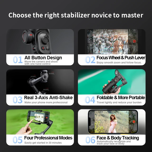 AOCHUAN 3-Axis Handheld Gimbal Stabilizer for Smartphone with Fill Light for iPhone Android Face Tracking Tiktok Vlog Smart XE 2