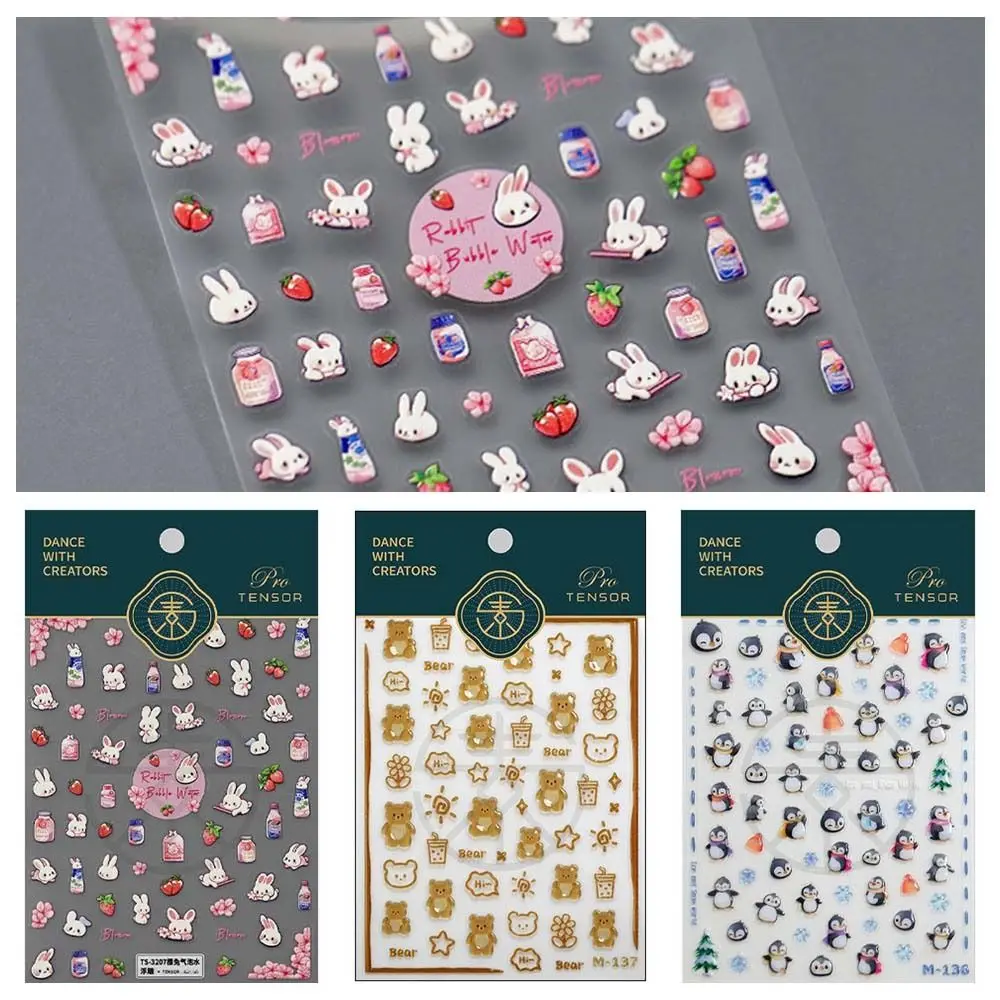 

1PC Jelly Cute Penguin Cartoon 3D Self Adhesive Nail Art Stickers Flower Rabbit Bear Manicure Decals