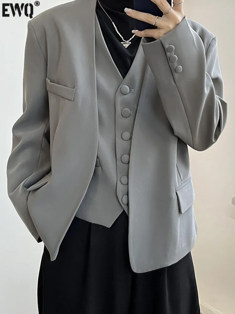 

[EWQ] Fashion Blazer Coat 2023 Summer New Tide Two-piece Casual Sleeveless Vest Female Office Lady Long Sleeve Suit Jacket 6U404
