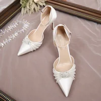 2025 New String Bead Pumps Pointed Thin Heels White Wedding Shoes Bridesmaid High Heels Sexy Satin Single Shoes - Image 2