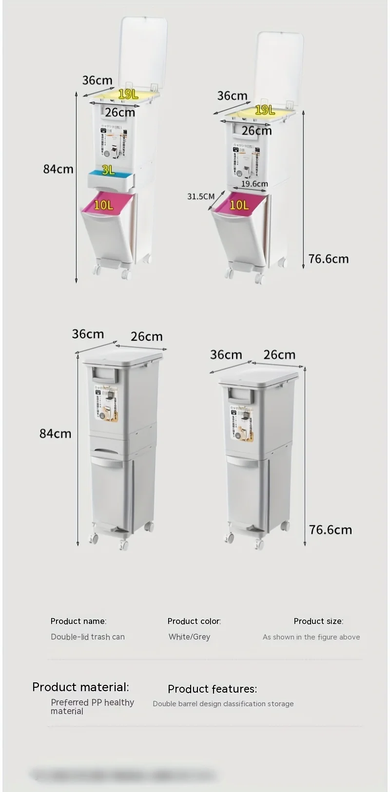 Large Dual-Compartment Trash Can - Durable Plastic Bin for DryWet Separation
